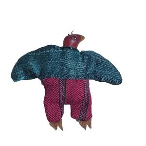 VTG Native Bird tribal wood head fabric body handmade brooch folk art